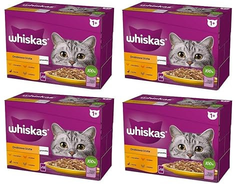Whiskas 1 + Katzenfutter Geflügel Auswahl in Gelee, 12x85g (4 Packungen) Nassfutter für ausgewachsene Katzen 48 Portionsbeuteln