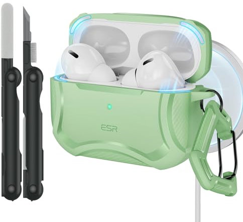ESR für AirPods Pro 2 Hülle (2023/2022/2019), Cyber Armor Panzer für AirPods Pro 2./1. Generation(USB-C/Lightning Kabel), MagSafe Ready, Starker Sturzschutz, Magnetischer Deckel, Hellgrün