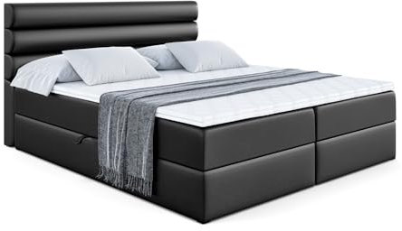 ALTDECOR Boxspringbett mit Matratze und Lattenrost, Boxbett, Topper, Polsterbett mit Bettkasten, Bett mit Stauraum H3-Matratze, Doppelbett, Springboxbett Celestia - 180x200 - Schwarz Kunstleder