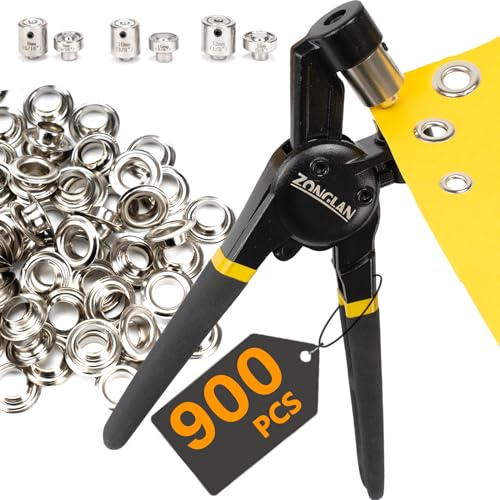 zonglan Heavy Duty Grommet Tool Kit of 1/2 5/16 and 3/8,Multi Size Handheld Eyelet Tool Plier Rivet Press with 900 pcs Silver Grommets for Tarp Leather Fabric