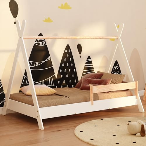 smartwood Hausbett 60x120 - Kinderbett Tipi Weiß aus Kiefernholz mit FSC-Zertifikat - Rausfallschutz & Lattenrost bis zu 230 kg für Jungen und Mädchen - Einfache Montage
