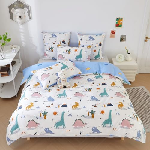 Luofanfei Dino Kinderbettwäsche 135x200 Baumwolle Jungen Mädchen Kinder Blau Cartoon Bettwäsche Set Dinosaurier Mster Wendebettwäsche mit Reißverschluss und kopfkissenbezug 80x80