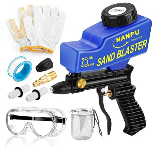 NANPU Pistola de arena de aire con alimentación por gravedad, boquilla de cerámica, cuerpo de metal, para pintura, eliminación de óxido y grabado de vidrio, versátil para aplicaciones de aluminio,