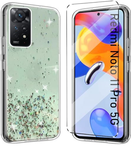 Glitter Bling Coque et 1Pcs Verre trempé Protection Compatible with Xiaomi Redmi Note 11 Pro 5G Coke Coque de Protection étui Housse Etui Protection et protège écran Antichoc,Vert