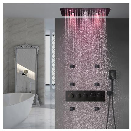 SWHC Colonne Douche Encastrable Noir LED Colonne Douche Thermostatique Lation Système de Douche Encastrable Ensemble Douche Set de Douche Encastrée avec Douchette et Douche de Tête, Buse de Massage