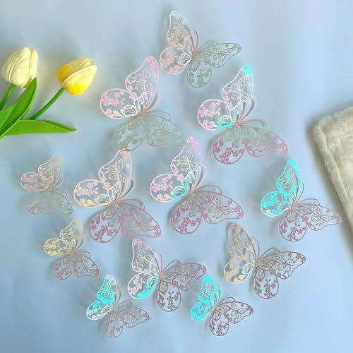12 Stück Blume Schmetterlinge Deko Wohnzimmer,Laser Rosa Blumen Schmetterling Deko Schmetterlinge Floral Butterfly Wall Decor Wandtattoo Schmetterlinge 3D Flowers Butterflies Decorations Zimmer Deko