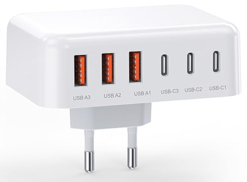 USB C Ladegerät 100W 6-Port USB C Adapter Mehrfach Ladegerät mit 3 USB-C und 3 USB-A Schnellladegerät GaN PD 3.0 USB C Charger Power Netzteil für iPad Pro Air, iPhone 16 15 14 Pro/Pro Max,Samsung