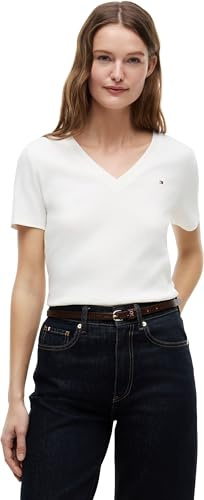 Tommy Hilfiger Camiseta de Manga Corta Mujer New Slim Cody con Cuello de Pico, Blanco (Nos Ecru), XS