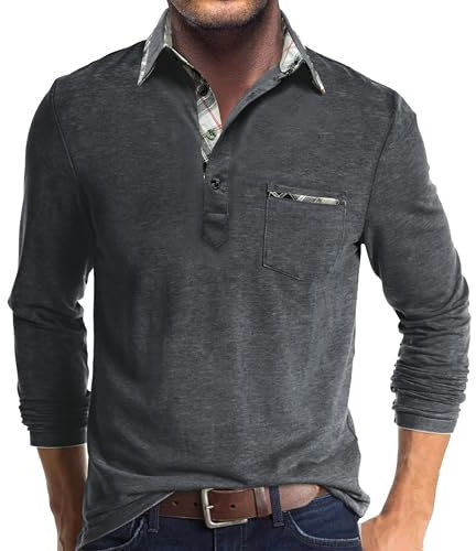 Comilaka Men's Polo Long Sleeve Casual Contrasting Color Polo Shirts with Pocket M-4XL Dark Grey
