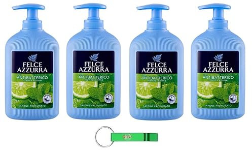 4 saponi Felce Azzurra Sapone Liquido Menta e Lime – Sapone liquido con menta e lime – Ideale per mani e viso 300 ml + portachiavi Beni Culinari