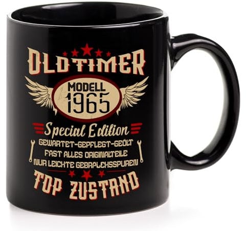 Geschenke Tasse zum 60. Geburtstag, 1965 Jahrgang Kaffeetasse als Geburtstagsgeschenk, 60 Geburtstag Tasse Geschenkideen für Männer Papa Opa zum Geburtstag, Vatertag, Schwarz, Keramik 350 ml