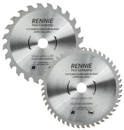 (PACK OF 2) 165mm x 20mm Bore x 24T & 48T TCT Cordless Circular Wood Saw Blades Includes 16mm Reduction Rings. Fits Bosch Makita Ryobi Dewalt DC390, DWE007, DCS391, DC391N Circular Saws etc, Thin Kerf