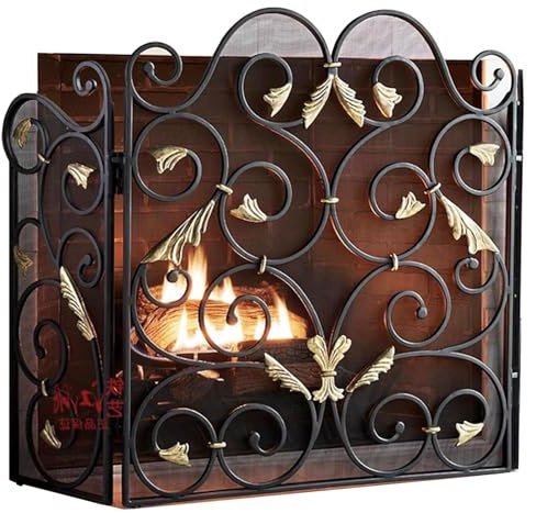 Pare Feu Cheminée Pare-feu de Cheminée Pliable Autonome à 3 Panneaux, Couvercle de Cheminée en Fer Forgé Noir avec Filet de Protection, Porte Pare-feu pour Cheminée à Bois, Poêle à Bûches(Height 60cm(