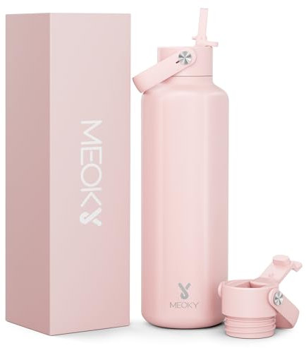 Meoky Insulated Water Bottle for Women: 710ml Stainless Steel Sports Drinking Metal Bottle with Straw - Keeps Cold 24 Hours for School Gym - Students Commuters, Blush