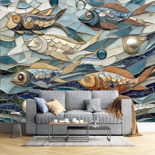 NAWVNMI Peel And Stick Wallpaper 3D-Mosaik-Vintage Perle Fisch Selbstklebender Wandaufkleber Bild Art Decor Gemälde 200x140cm Wohnzimmer Schlafzimmer Wandsticker Home Dekor Selbstklebend