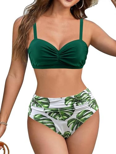 JFAN Costume da Bagno Donna 2 Pezzi A Vita Alta Ruched Bikini Classico Push Up Reggiseno Beachwear Bandeau Removibile Swimwear Verde M