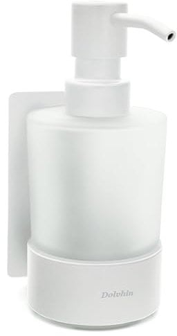 Dolvhin® Dispensador de Jabón Sin Taladro para Pared | Dosificador Vidrio Esmerilado 250ml | Bote de Jabón Acero Inoxidable | Jabonera Adhesivo Baño & Cocina | Soporte Mural Incluido | Blanco Mate