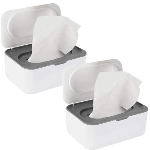 Flenpptly 2 Pack Baby Wipes Dispenser, Wipes Case Baby Wipe Holder Keeps Wipes Fresh, Non-Slip, Easy Open & Close (2 Pack Gray)