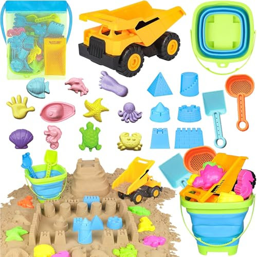 FUFRE Strandspielzeug Kinder Set, 21 Stück Reise Sandspielzeug Junge mit Faltbarer Eimer Kinder Bagger Sandkasten Spielzeug, Sandförmchen Sandschaufel Sand Toys, Reise Sand Spielzeug ab 3 Jahr (B)