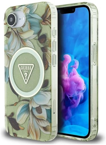 CG MOBILE Guess IML Metal Glitter Flowers Triangle kompatibel mit MagSafe Hülle für iPhone 16e (Grün)
