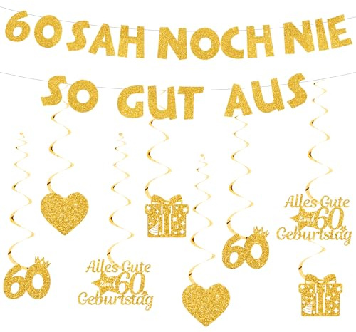 60. Geburtstag Deko Girlande Frauen Mann - Gold 60. Geburtstagsdeko Glitzer Banner und Hängende Wirbel, Lustige Geburtstagsgirlande zum 60 Jahre Geburtstagsfeier Dekoration