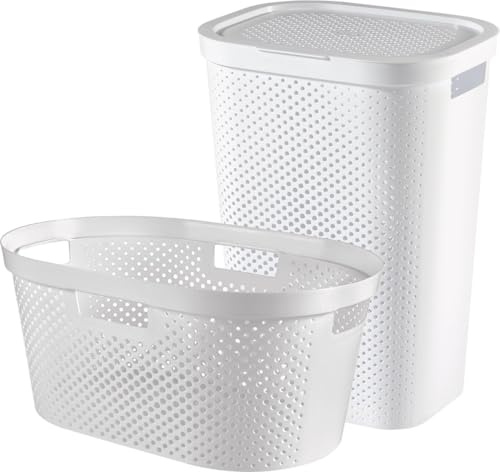 Curver Infinity Dots Wäschebox 60 L mit Deckel + Wäschekorb 40 L – Set, 100 % recycelter Kunststoff, skandinavisches Design, weiß, belüftet, stapelbar