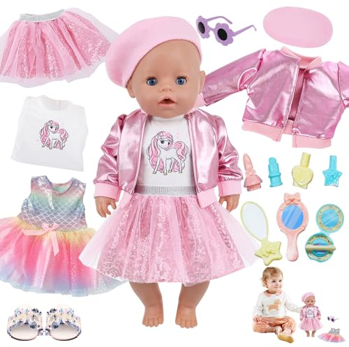 Mineup 2 Sets Puppenkleidung Für 14-18 Zoll Babypuppen, Babypuppenkleidung Mit Make-up Spielzeugset Hausschuhe Brille, Puppenkleidung Glitzer Schmetterling Tüll Für 43 cm Puppen Mädchen Geschenk