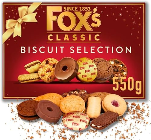 Fox's Classic Biscuit Selection Box 550 g, scatola di selezione di biscotti di lusso, perfetta per regali di Natale, biscotti, biscotti al cioccolato, cioccolato al latte, biscotti di Natale per