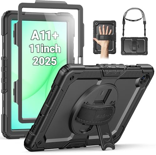 SEYMAC Custodia per Samsung Galaxy Tab A11+ Plus 11(2025) / Tab A9+ Plus 11 Pollici (2023), Custodia Antishock con Protezione Schermo, Supporto Girevole a 360°, Tracolla, Portapenne, Nero