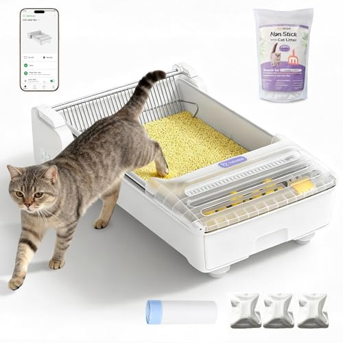 Self Cleaning Cat Litter Tray Automatic Litter Box, Fully Open Top Large Electric Litter Tray with APP Control, Smart Robot Litter Box for Multiple Cats, Anti-Pinch, Odour Control, with 5lb Litter
