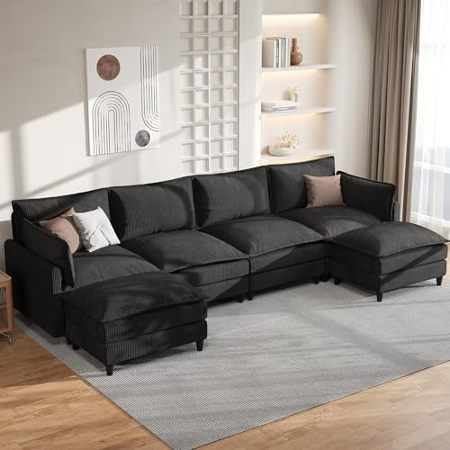 APICIZON Couch mit Schlaffunktion, U Form Sofa 4 Sitzer, 363cm Länge-Wohnzimmer Couch mit Cordbezug, Big Sofa mit 4 Rückenlehnen&2 Kissen&2 Ottomane, Seitliche Magazin-Aufbewahrungstasche, Schwarz