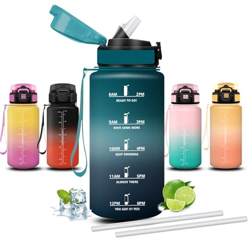 Mujigaga Gourde, 500ml Gourde Enfant, Anti Fuite, Gourdes avec Paille, Facile à Transporter, Gourdes Motivation, avec Marqueur de Temps, Bouteille d'eau pour École, Après-sport, Bureau, Maison