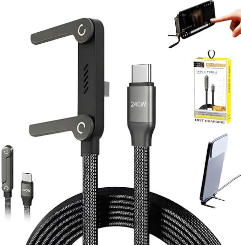 2-en-1 Câble de Charge avec Support, 240W Câble USB-C pour Téléphone avec Support Invisible, 1,5m Câble de Charge Rapide Type-C Tressé, Station de Charge USB-C pour Smartphone Tablette Ordinateur Port