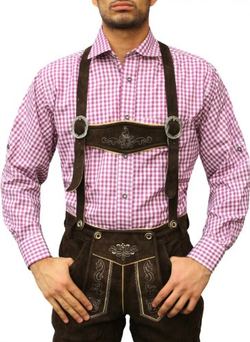 German Wear Karo Bayerisches Trachtenhemd Hemd für Lederhosen Trachtenmode Lila/kariert