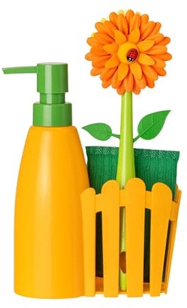 Vigar - Set Fregadero - Pack Soporte, Cepillo Lavaplatos, Esponja - 7 x 14 x 26.5 cm - Flower Power - Con Dispensador - Bandeja de 3 Piezas - Amarillo