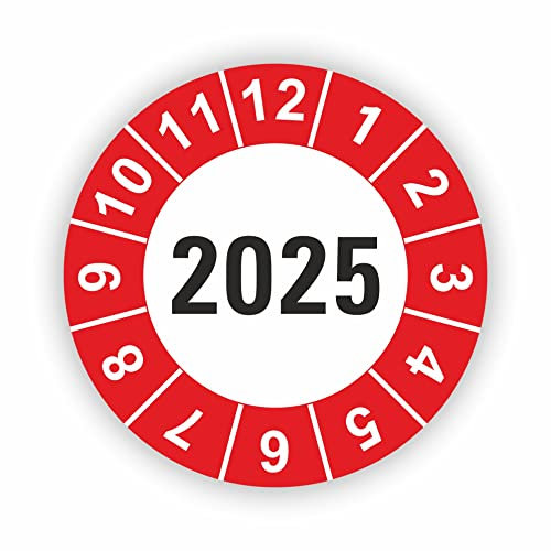 Fassbender-Druck PRÜFPLAKETTEN - Hochwertige Prüfetiketten JAHRESPLAKETTE 2025 Ø 40mm - Selbstklebende PVC-Folie - Wartungsetiketten für Prüfung - Prüfplakette für Prüfungsnachweis (10 Stück)