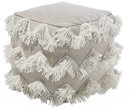Pouf Fußablage Sitzpouf beige mit Metallic Fäden Gold quartatisch Boho Nashik