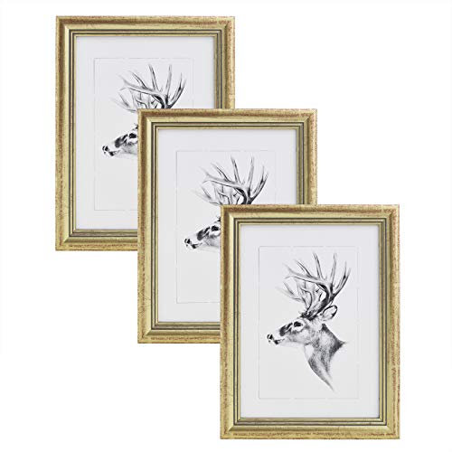 WOLTU Bilderrahmen 18x24 cm, 3er Set, Gold Holzrahmen Collage Wanddeko, Fotorahmen mit Passepartout, Posterrahmen zum vertikalen oder horizontalen Aufhängen/Aufstellen