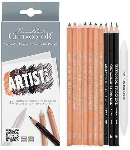 CRETACOLOR Artist Studio Skizzierstifte-Set, 11-Teilig – Grundausstattung mit Graphit- & Reißkohlestiften, Inkl. Papierwischer, Eco-Freundliche Produktion, Optimal für Einsteiger
