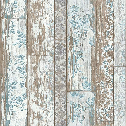 Vintage Tapete in Holzoptik | Vliestapete mit Holzbretter Design im Shabby Chic in Braun Blau | Vlies Holztapete mit Blumen für Küche und Flur | Rolle (10,05 x 0,53 m) = 5,33 m²