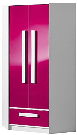 Furniture24 Eckkleiderschrank GULIVER 02 Eckschrank Schrank Kinedzimmer Jugendzimmerschrank mit 2 Türen und Schublade (Weiß/Rosa Hochglanz)