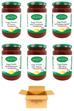 Valle del Crati Italienische Saucen | fertige Tomatensaucen sechs Geschmacksrichtungen | Rositische Pilze, getrocknete Tomaten, Thunfisch, Nduja, Auberginen, Oliven | 5 Minuten fertig | 6 Glas à 280g