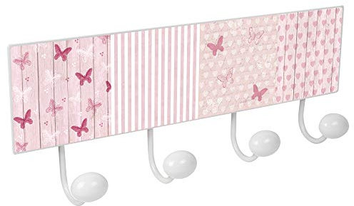 PERCHA pared metal diseño INFANTIL decoración mariposas ROSA con 4 GANCHOS porcelana