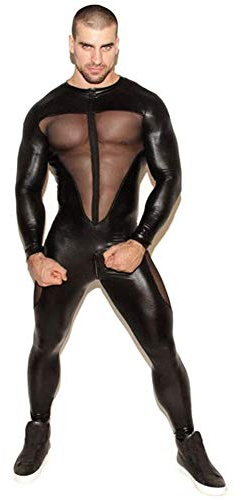 MIAOXIAO Herren Latex Catsuit Jumpsuits Wetlook Lack Leder Overall Männer Komplett Anzug Dessous Bodysuit,XL