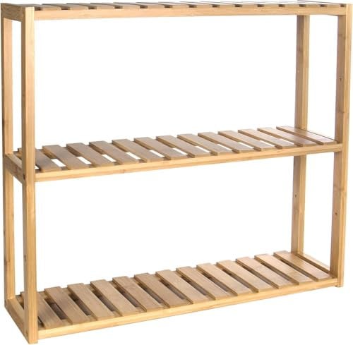Maison & White 3 Tier Bamboo Shelves - Natural | Bathroom & Kitchen Storage | Shelving Unit | Free Standing Cabinet Organiser | Adjustable Rack | Wall Shelf | M&W