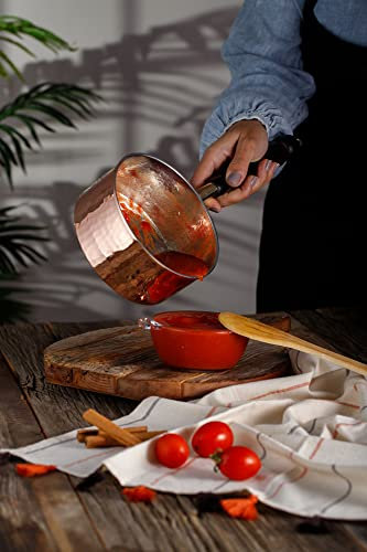 DEMMEX Cacerola de cobre y calentador de mantequilla, cobre martillado sólido sin revestimiento de 1 mm de grosor, mango de madera, forro de estaño, 100% hecho a mano (1.2 cuartos de galón-6 x 2.8