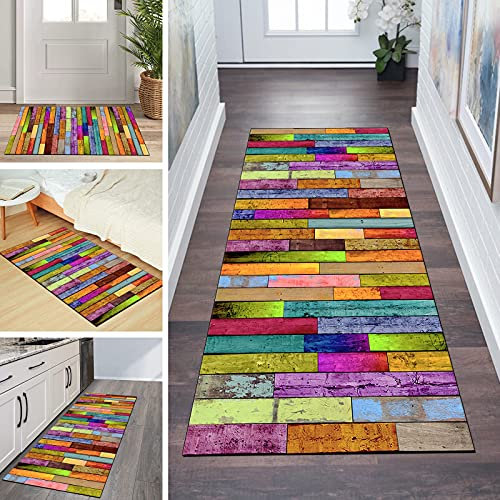 QQrunner Läufer Teppich Flur Bunt rutschfest Meterware 80x300cm Waschbar Küchenteppich Holzmaserung Schlafzimmer Korridor Teppichläufer Lang, Anpassbare Größe, 60-120cm Breit