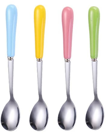 Luxshiny Ceramic Handle Spoon Stainless Steel Teaspoons Dessert Spoon Ice Tea Spoons Soup Spoons, 4Pcs Stainless Steel Teaspoons Stirring Spoons Ceramic Handle Coffee Spoons