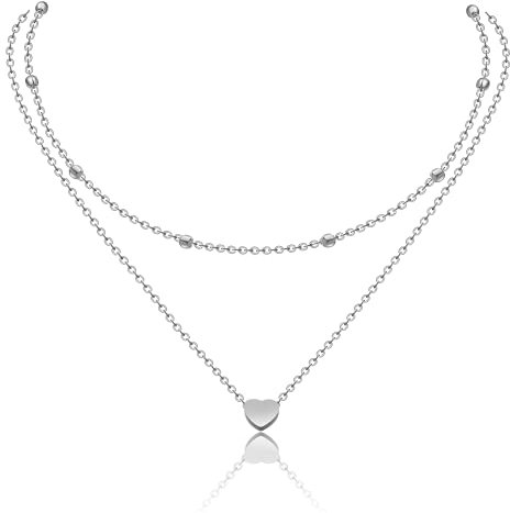 AFSTALR Damen Layered Kette Silber Multilayer Halskette Doppelkette für Frauen Kugelkette mit Herz