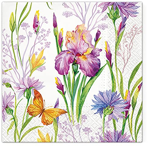 Tete a Tete Servietten, 3-lagig, Pastellblumen, 33 x 33 cm, Iris mit Schmetterling, 20 Stück